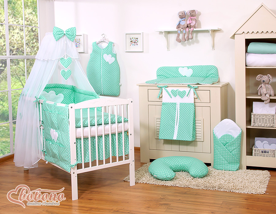 Gultasveļas komplekts, 5 daļas, ar moskītu tīklu – Piekaramās sirsniņas, balti punkti uz piparmētru zaļa fona - Attēls 5