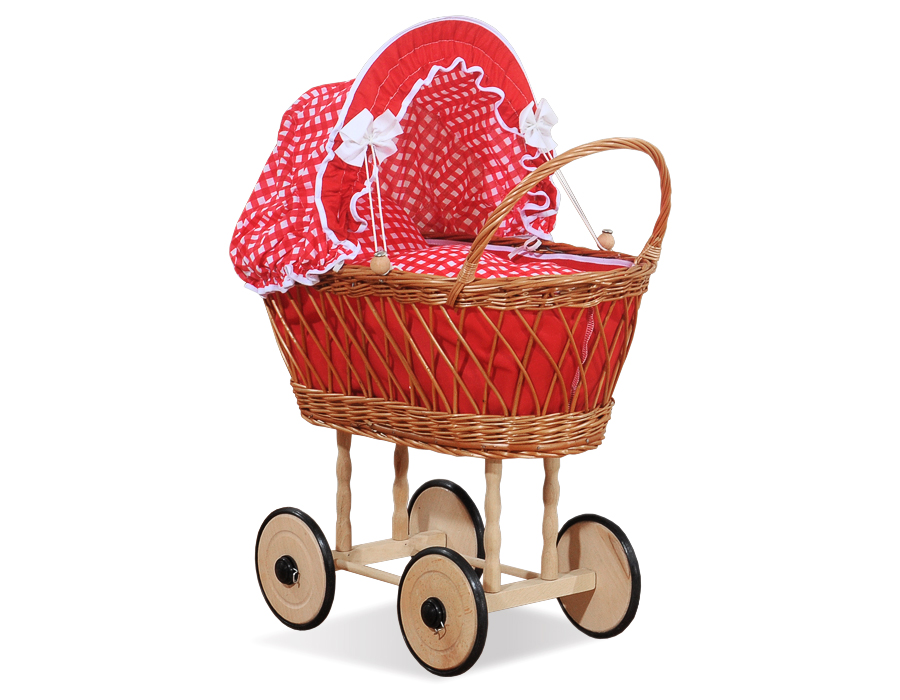 Wicker dolls' pram with red bedding and padding VERONICA - natural