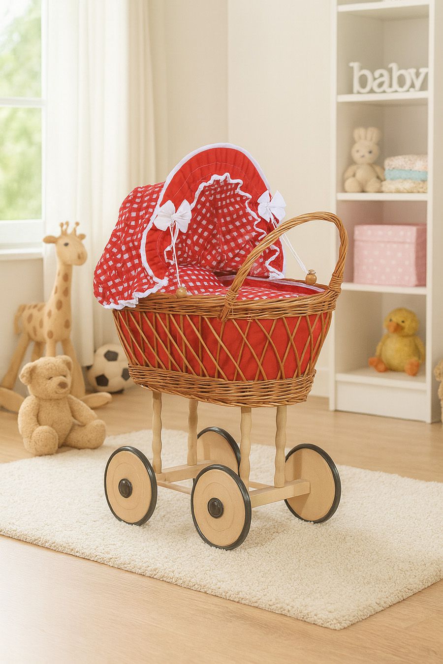 Wicker dolls' pram with red bedding and padding VERONICA - natural
