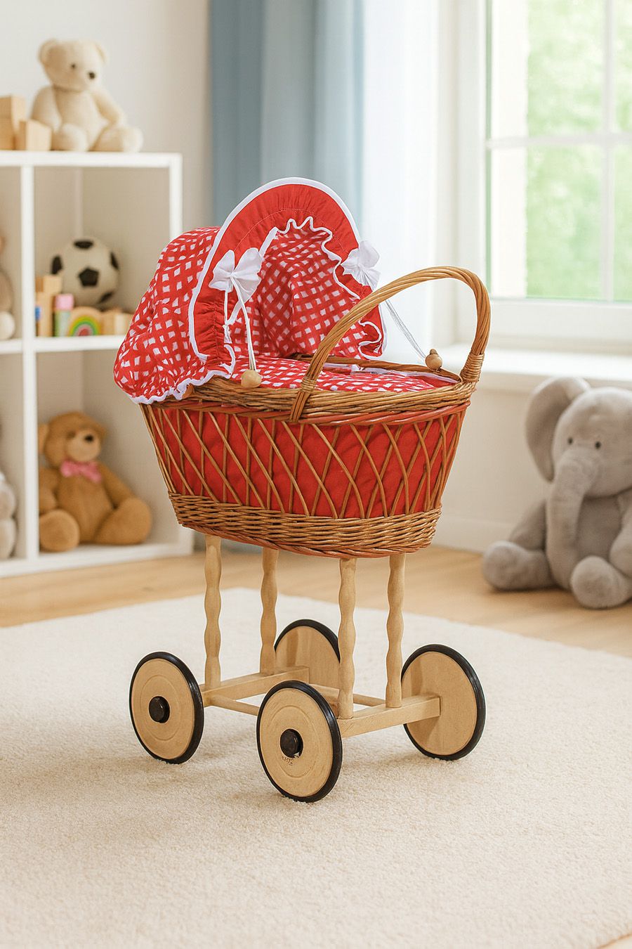 Wicker dolls' pram with red bedding and padding VERONICA - natural