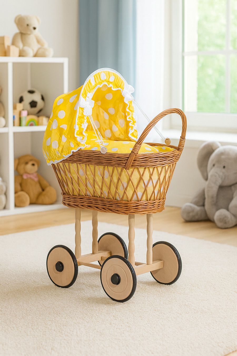 Wicker dolls' pram with yellow bedding and padding VERONICA - natural