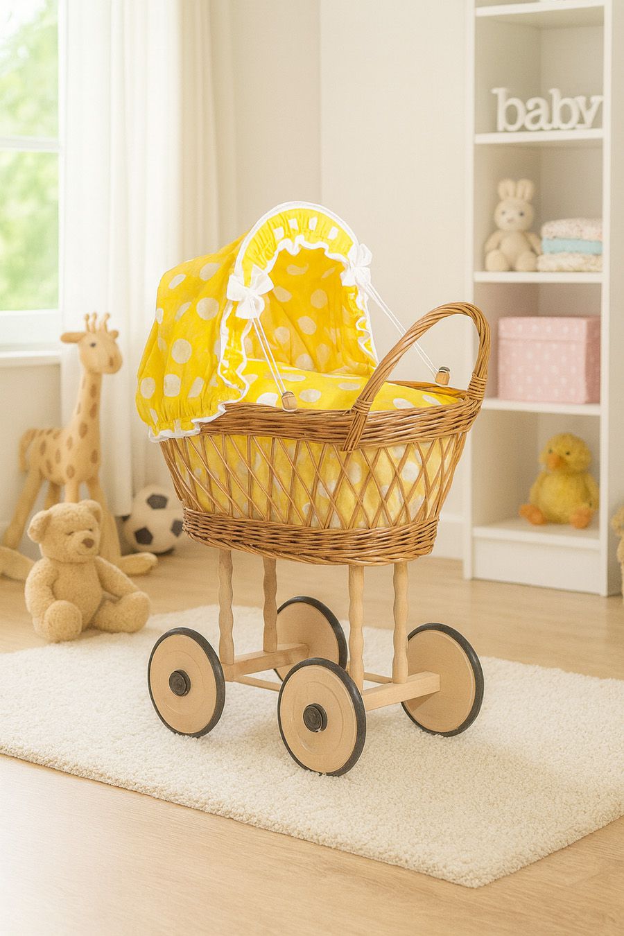 Wicker dolls' pram with yellow bedding and padding VERONICA - natural