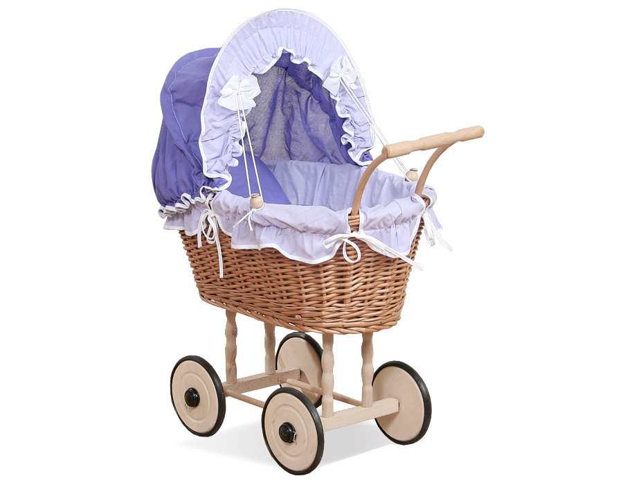 Wicker dolls' pram with purple bedding and padding NATALIA natural
