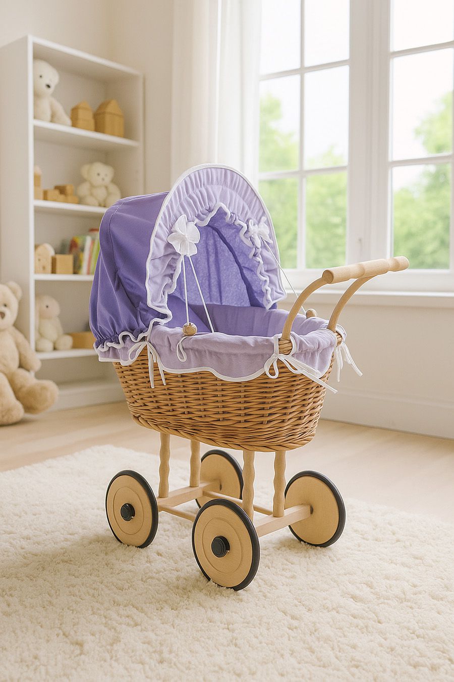 Wicker dolls' pram with purple bedding and padding NATALIA natural