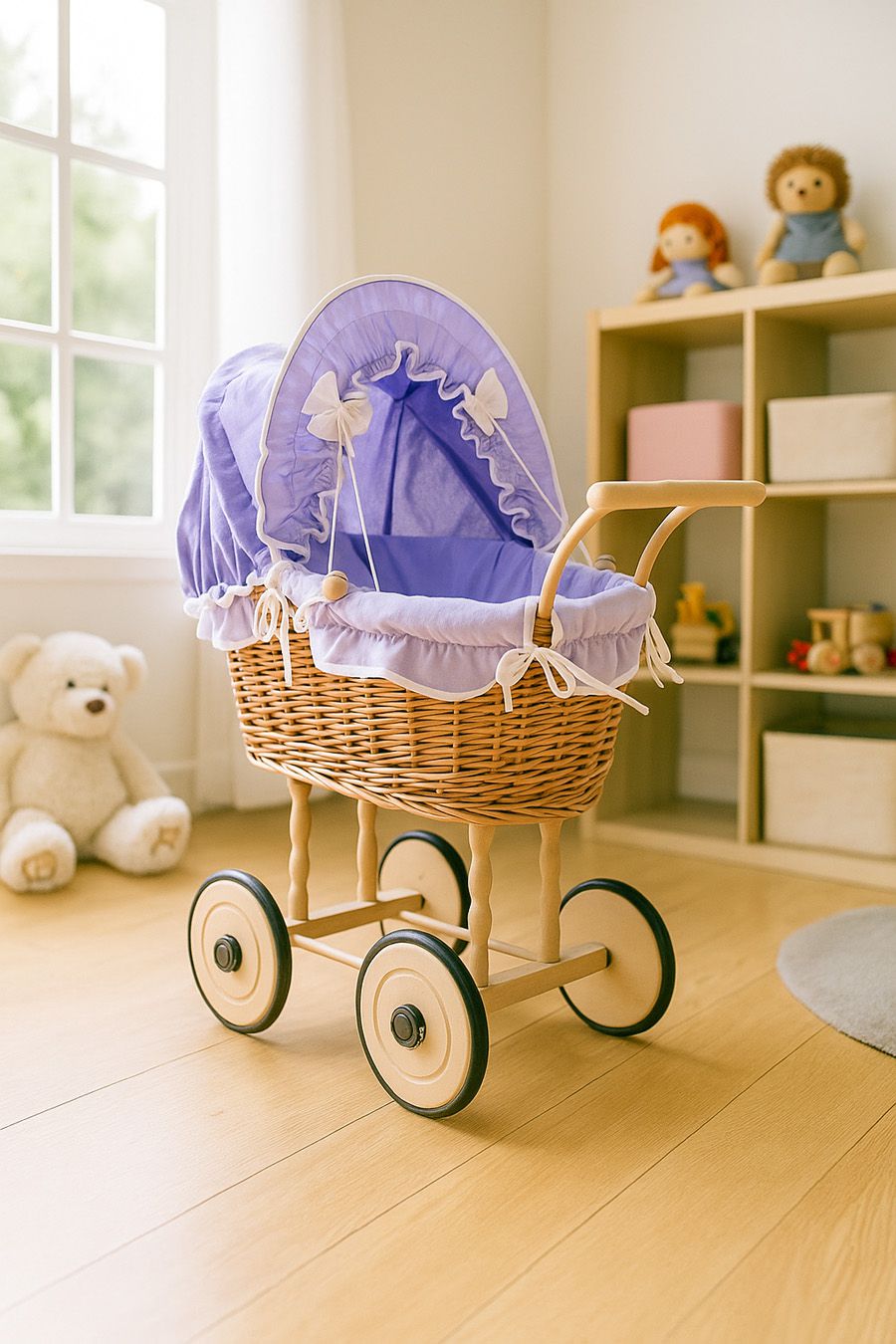 Wicker dolls' pram with purple bedding and padding NATALIA natural