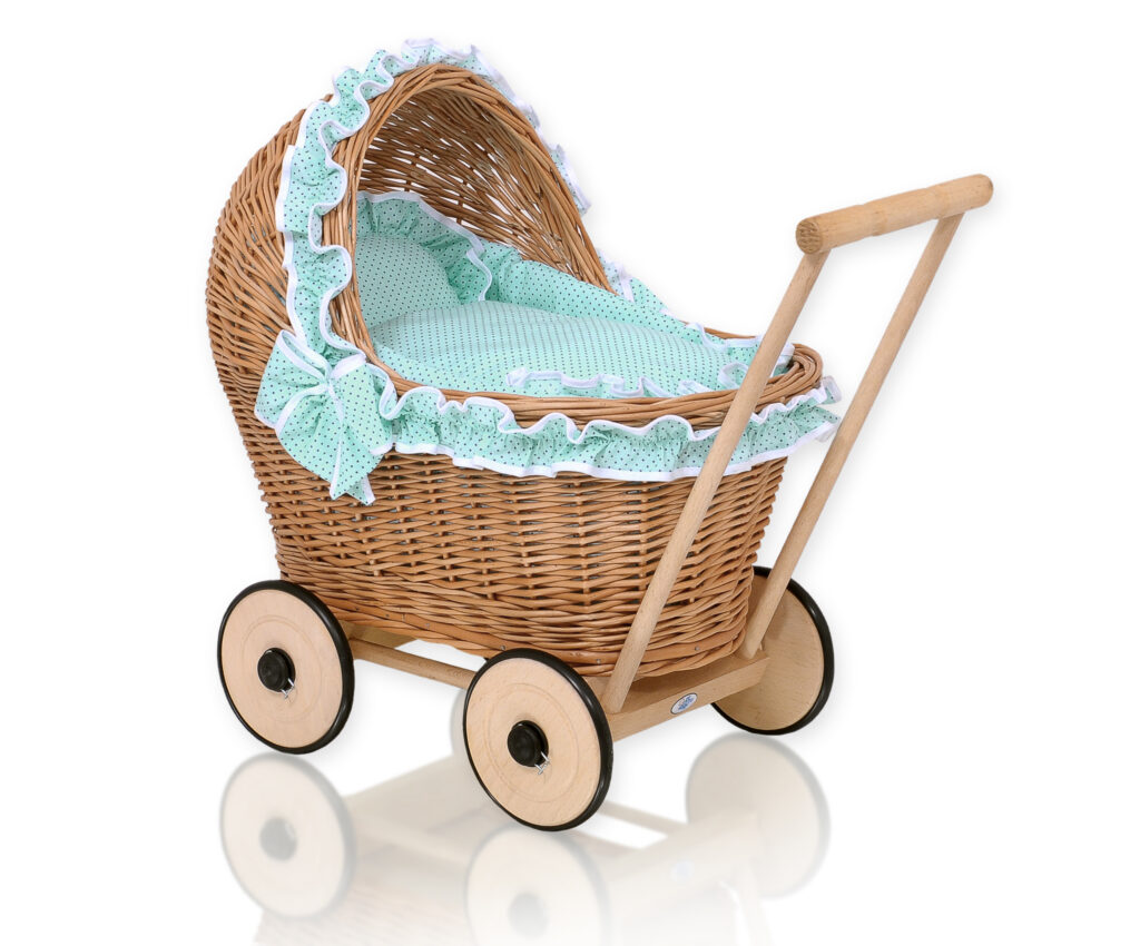 Wicker doll pushchair with mint bedding and soft padding CHIARA - natural