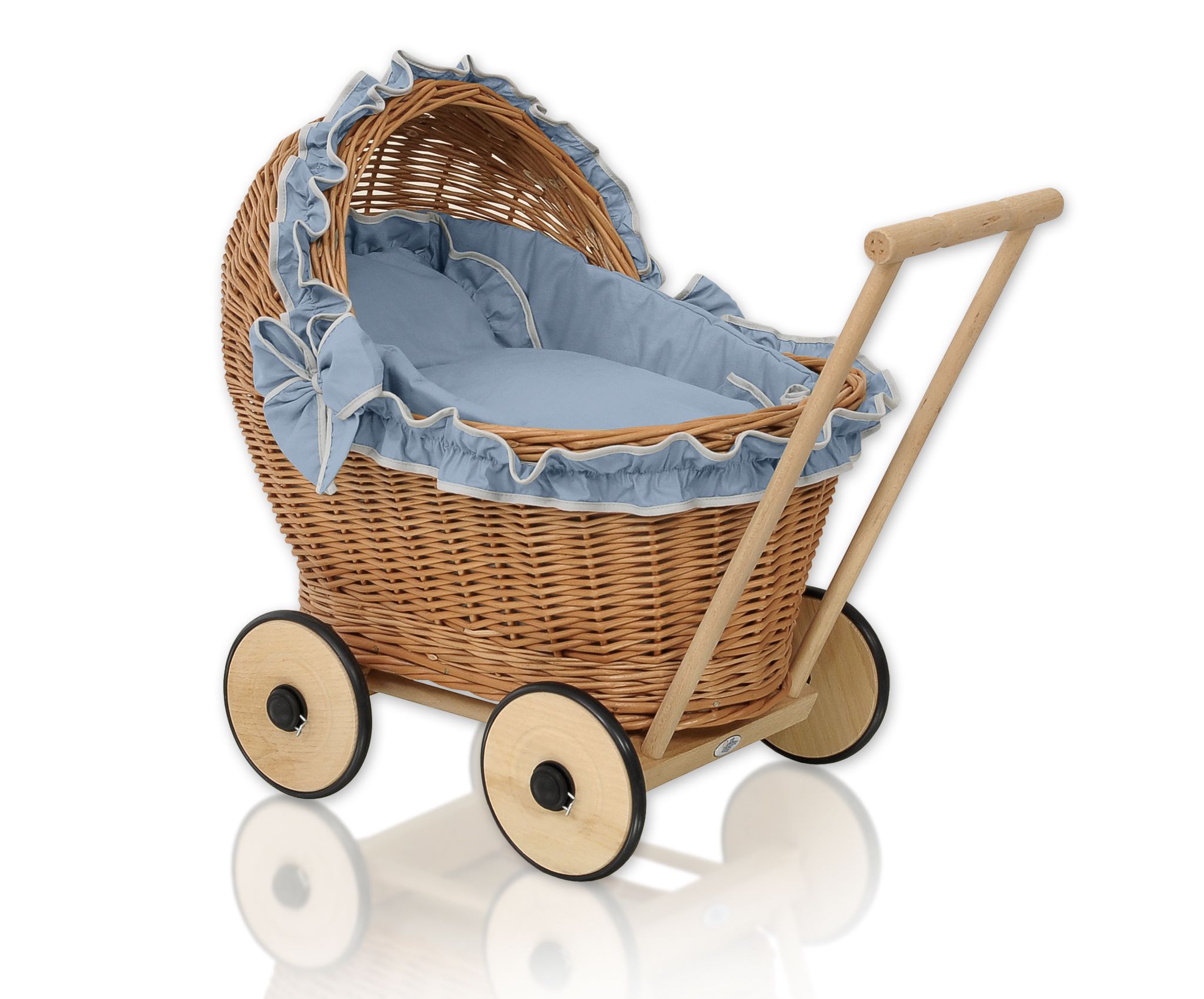 Wicker doll pushchair with bedding dusty blue and soft padding CHIARA - natural