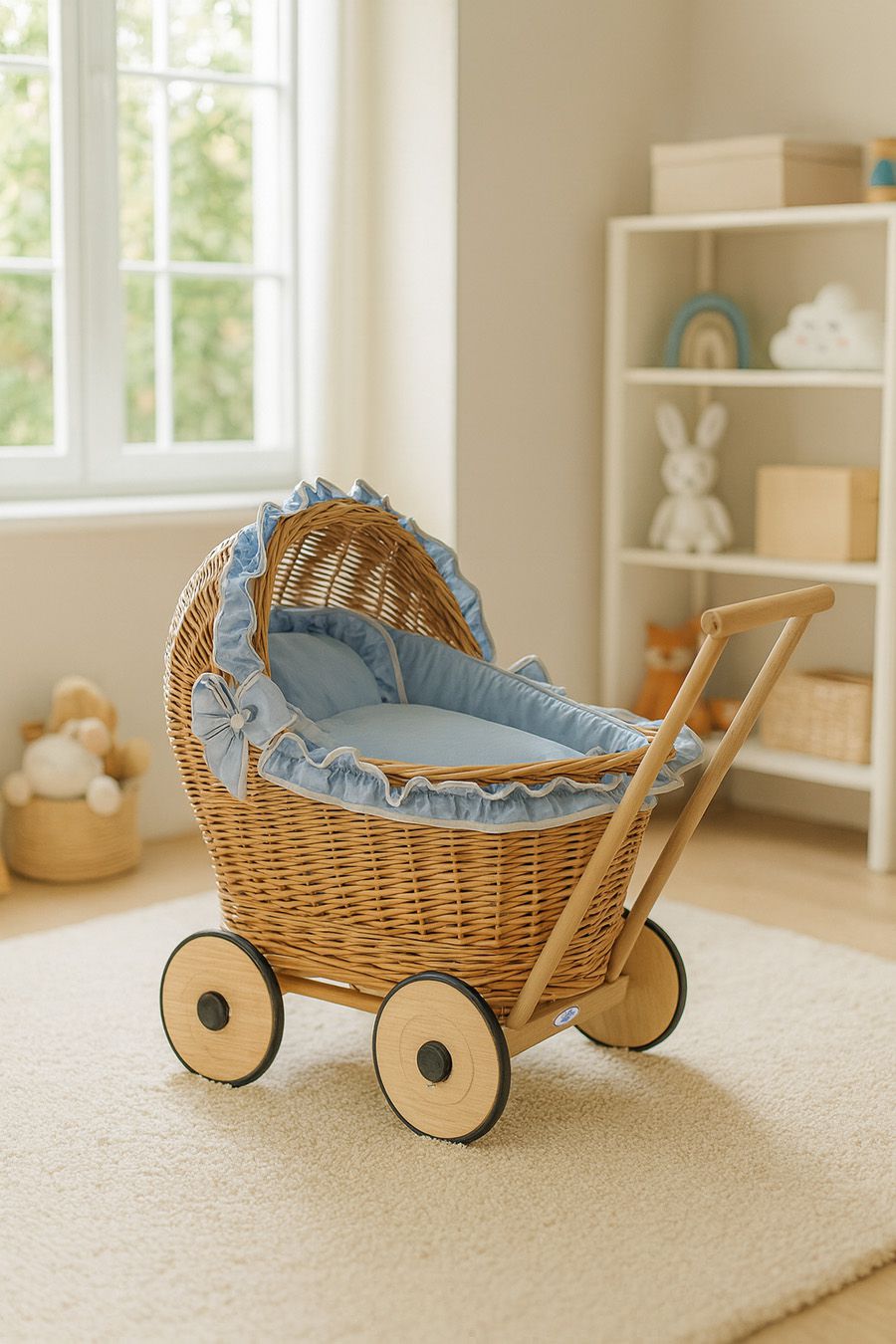 Wicker doll pushchair with bedding dusty blue and soft padding CHIARA - natural