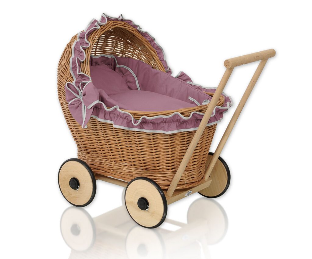 Wicker doll pushchair with bedding dusty rose and soft padding CHIARA - natural