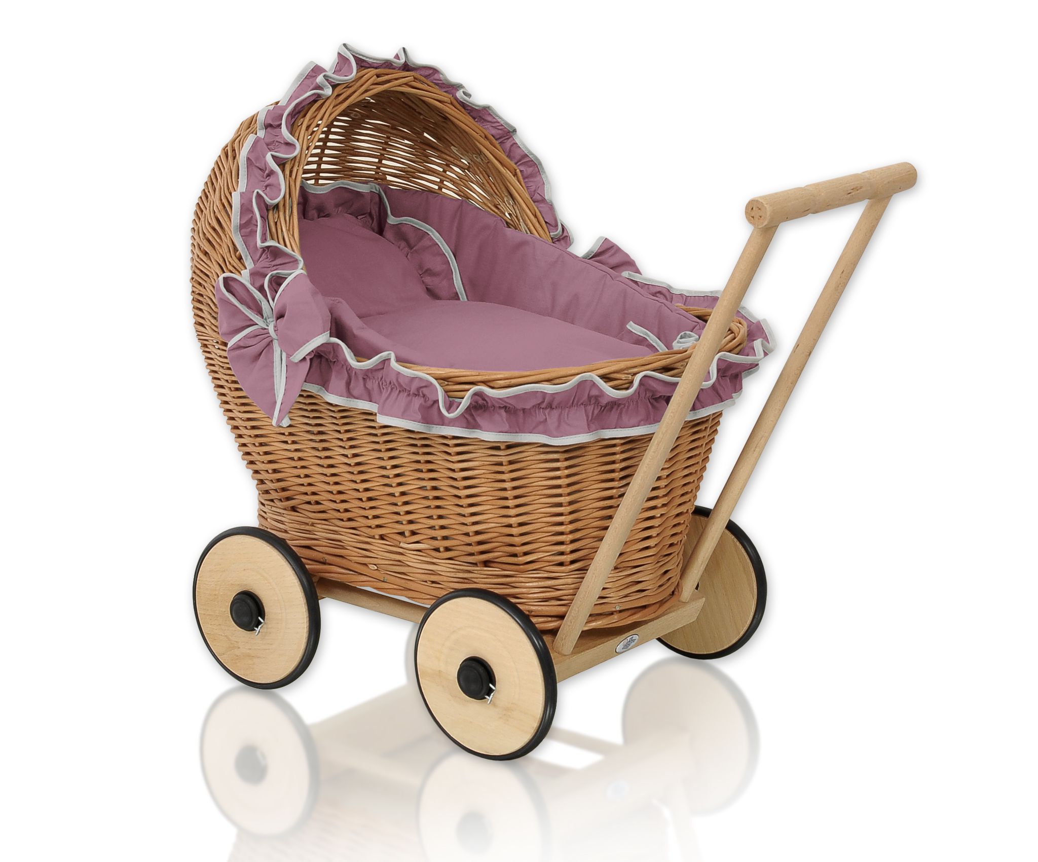 Wicker doll pushchair with bedding dusty rose and soft padding CHIARA - natural
