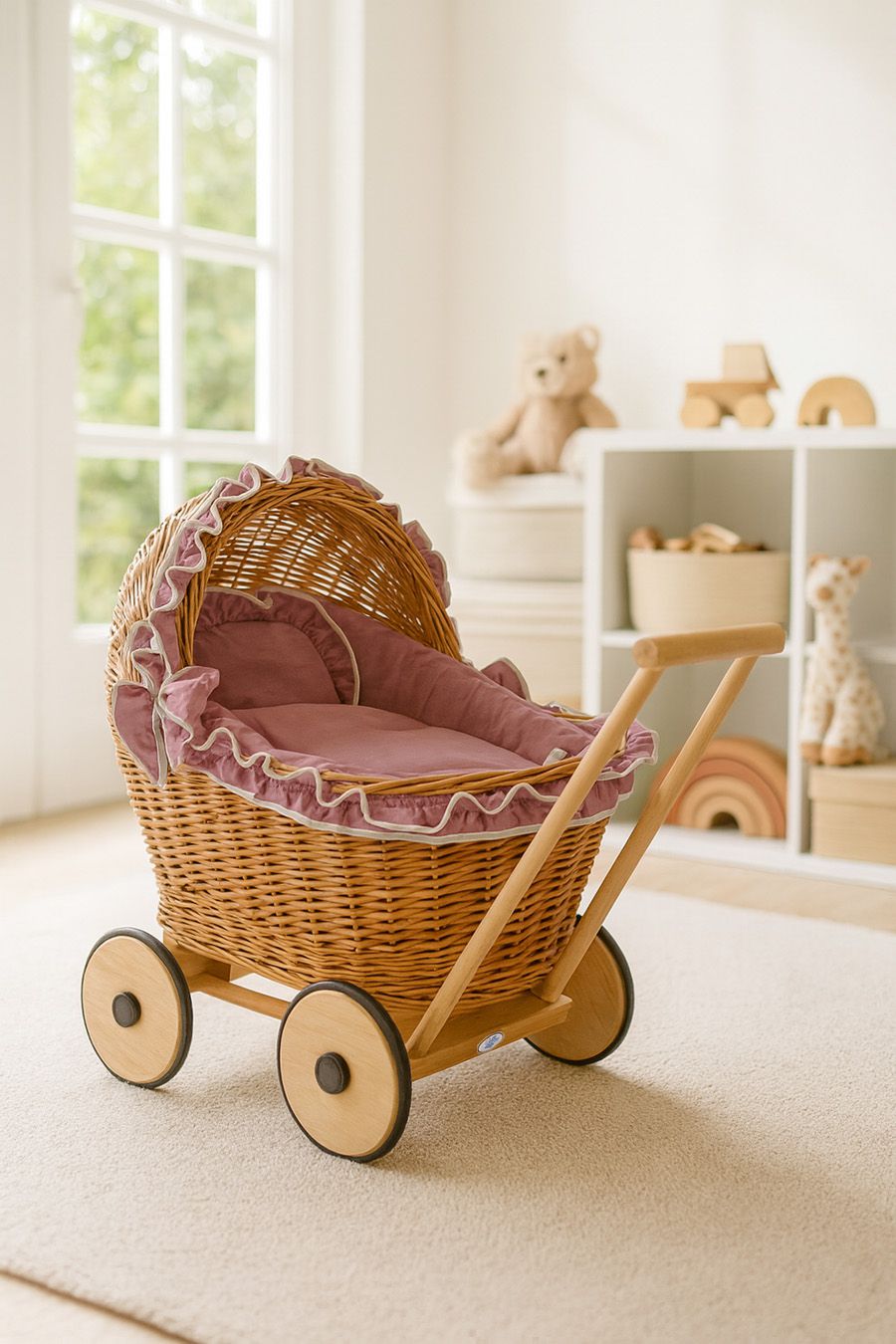 Wicker doll pushchair with bedding dusty rose and soft padding CHIARA - natural