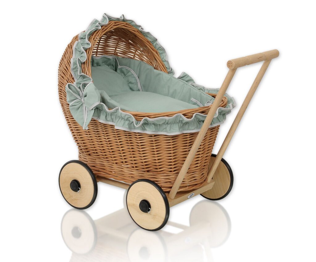 Wicker doll pushchair with sage bedding and soft padding CHIARA - natural