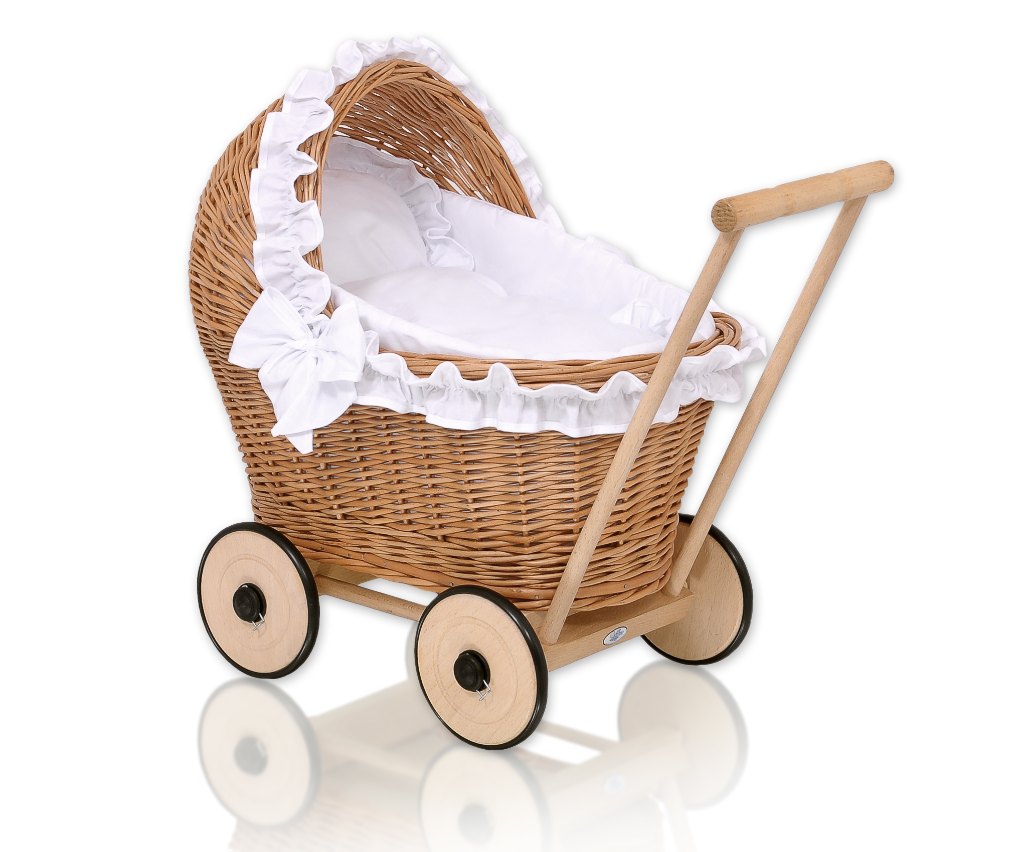 Wicker doll pushchair with white bedding and soft padding CHIARA - natural