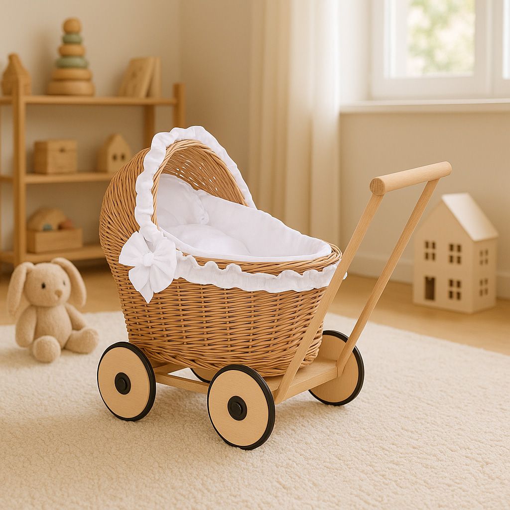 Wicker doll pushchair with white bedding and soft padding CHIARA - natural