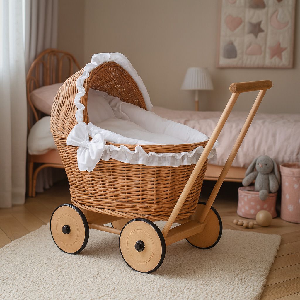 Wicker doll pushchair with white bedding and soft padding CHIARA - natural