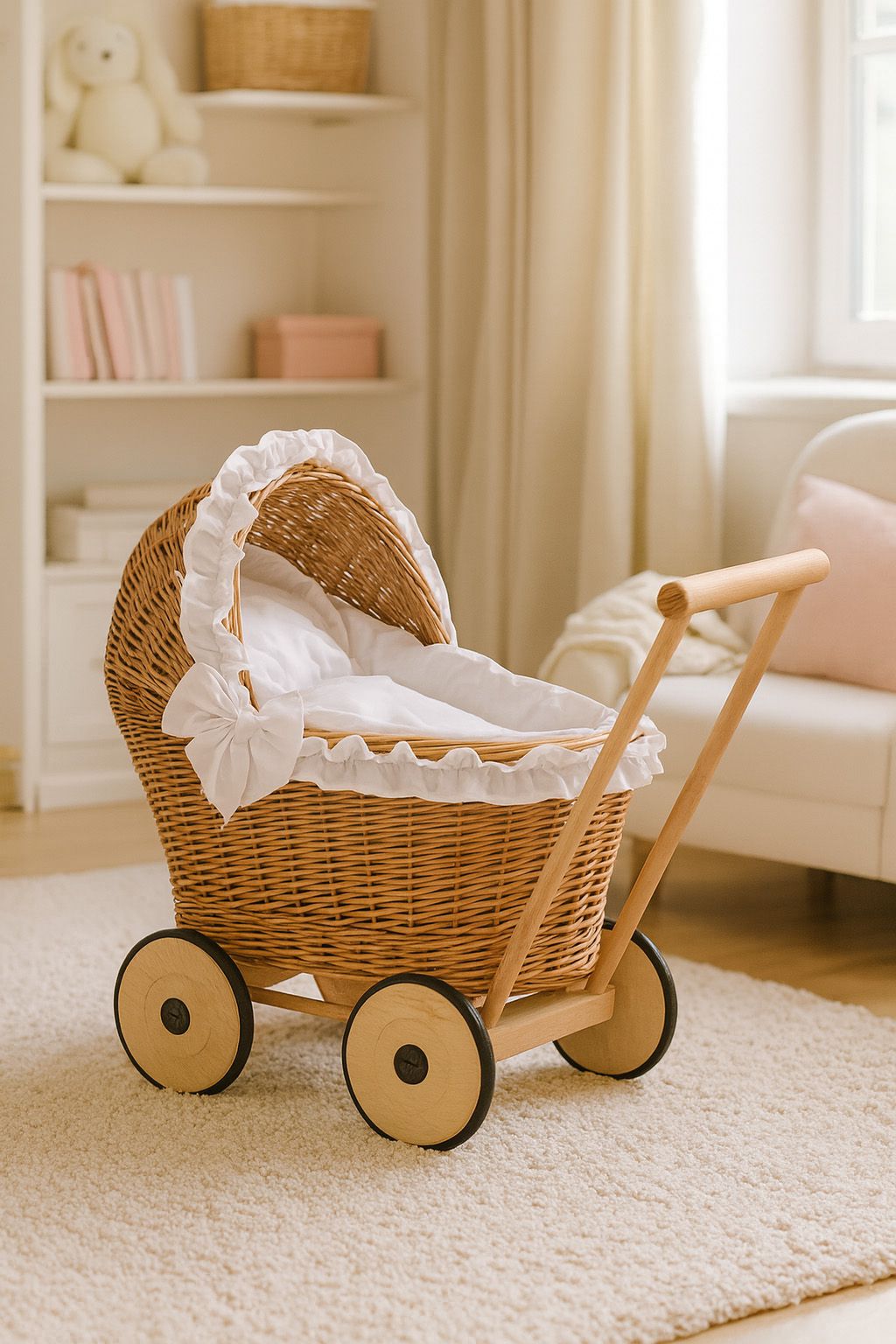 Wicker doll pushchair with white bedding and soft padding CHIARA - natural