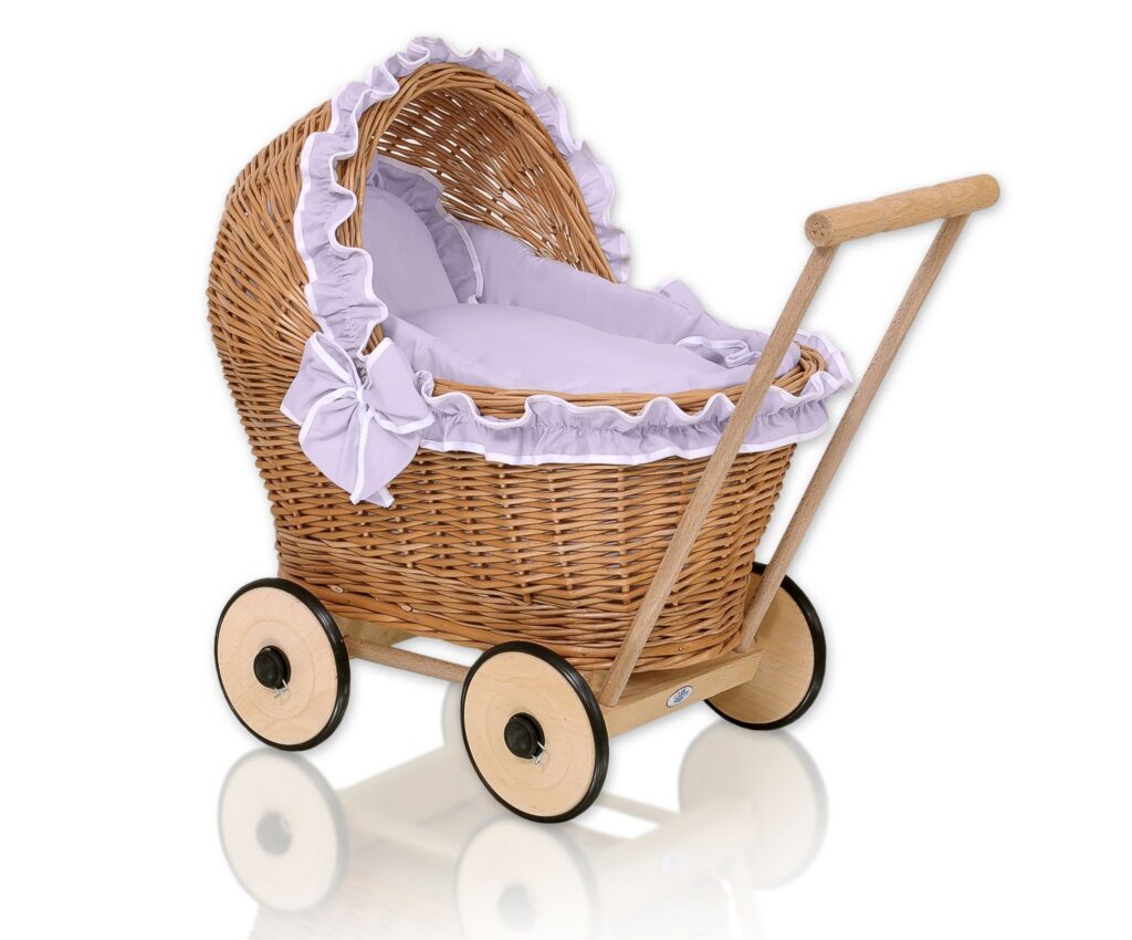 Wicker doll pushchair with lila bedding and soft padding CHIARA - natural