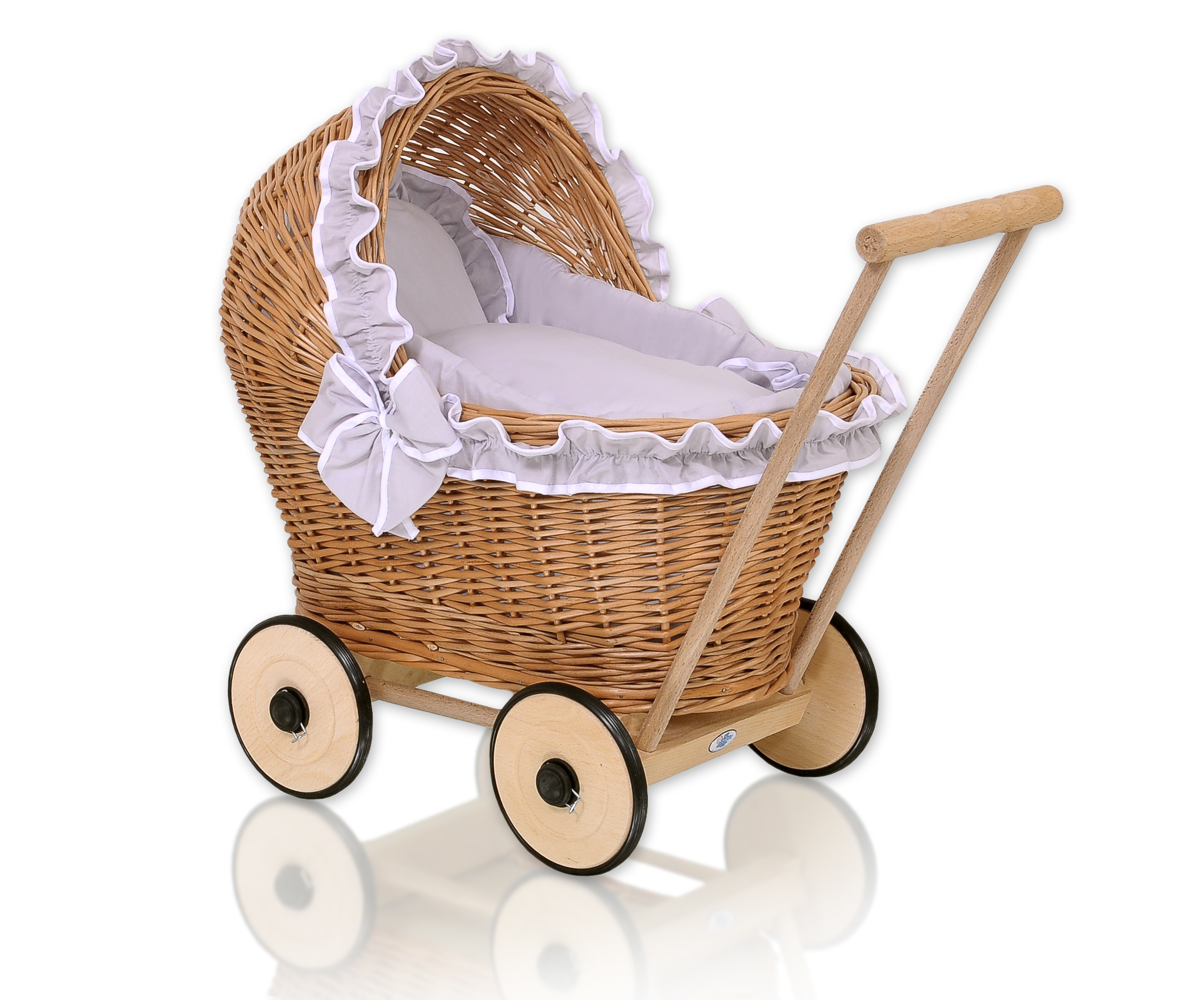 Wicker doll pushchair with grey bedding and soft padding CHIARA - natural — modelis 1702-523