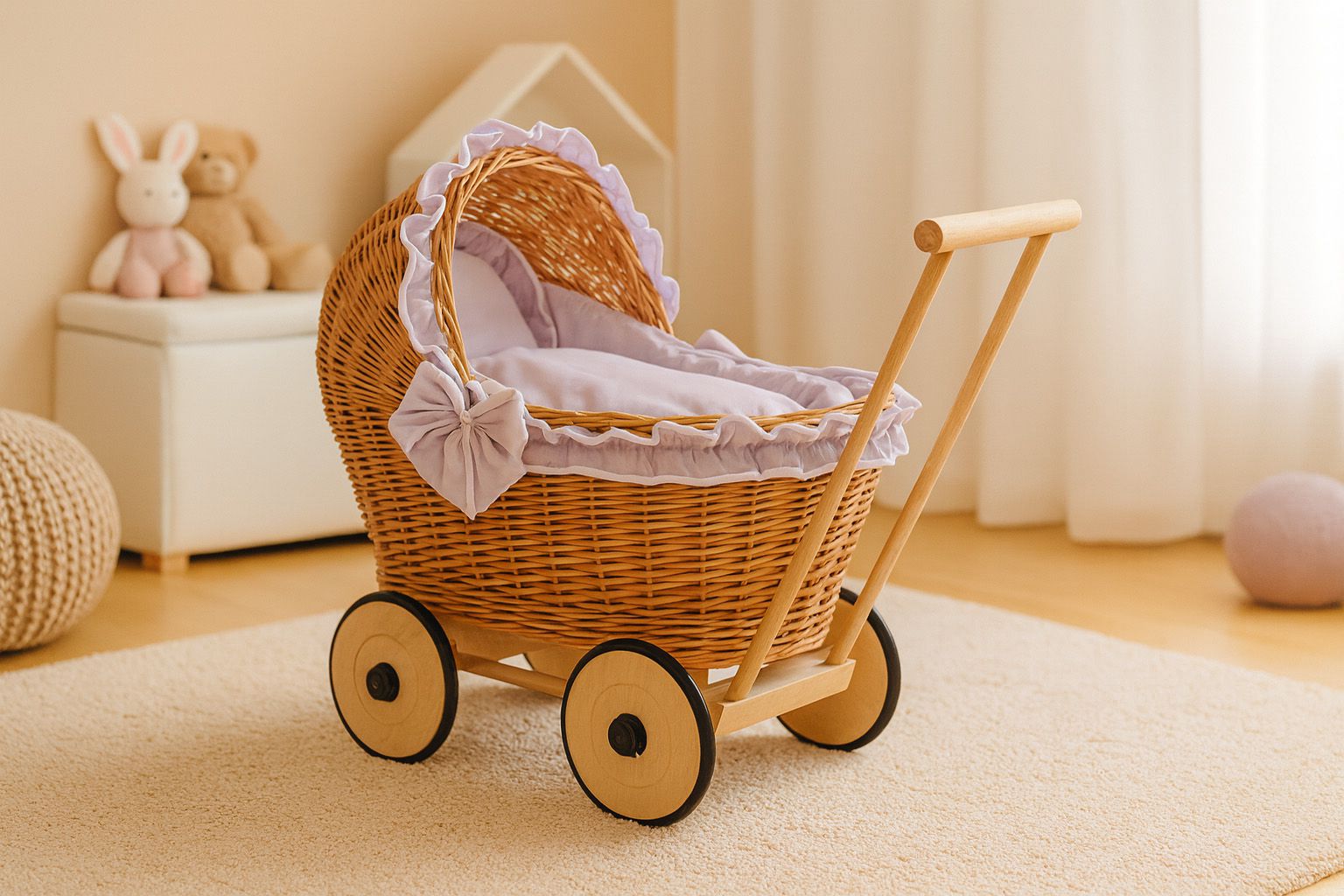 Wicker doll pushchair with grey bedding and soft padding CHIARA - natural — modelis 1702-523