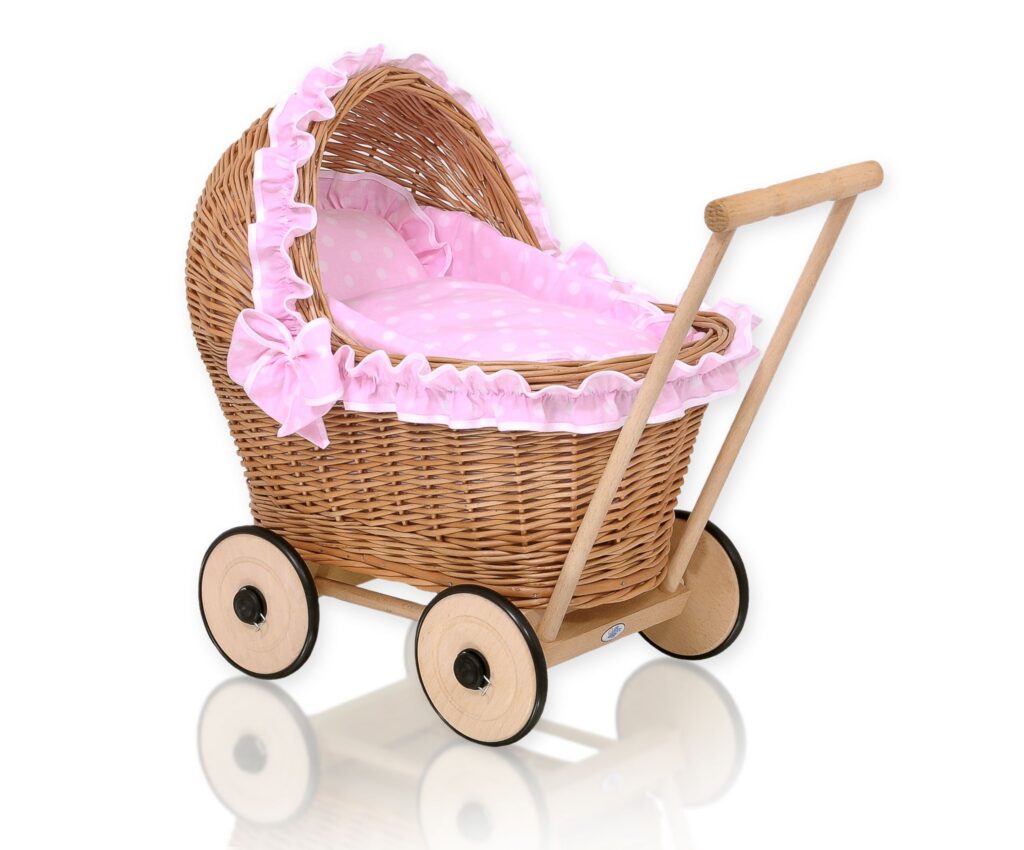 Wicker doll pushchair with pink bedding and soft padding CHIARA - natural — modelis 1702-553