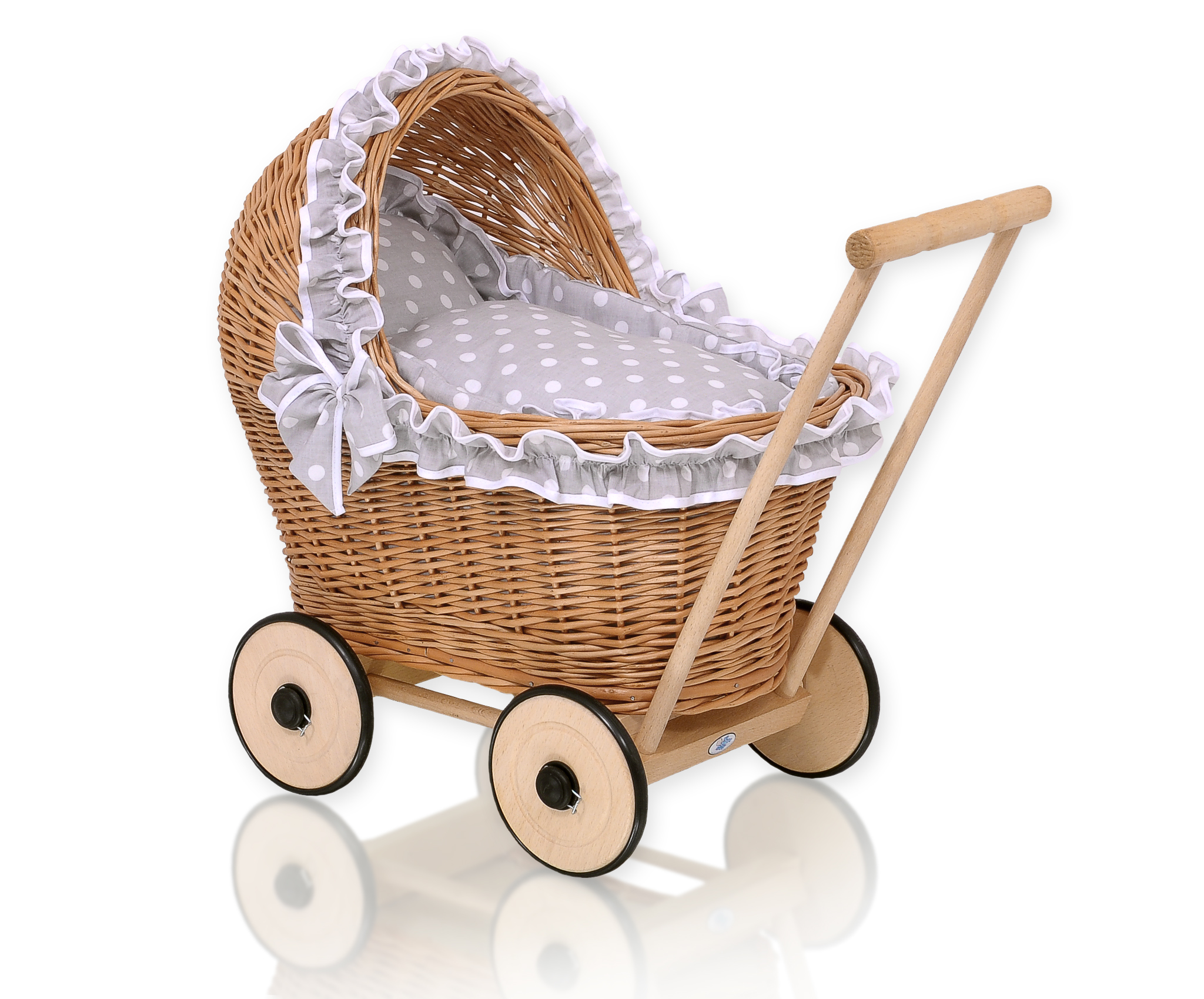 Wicker doll pushchair with grey bedding and soft padding CHIARA - natural — modelis 1702-583