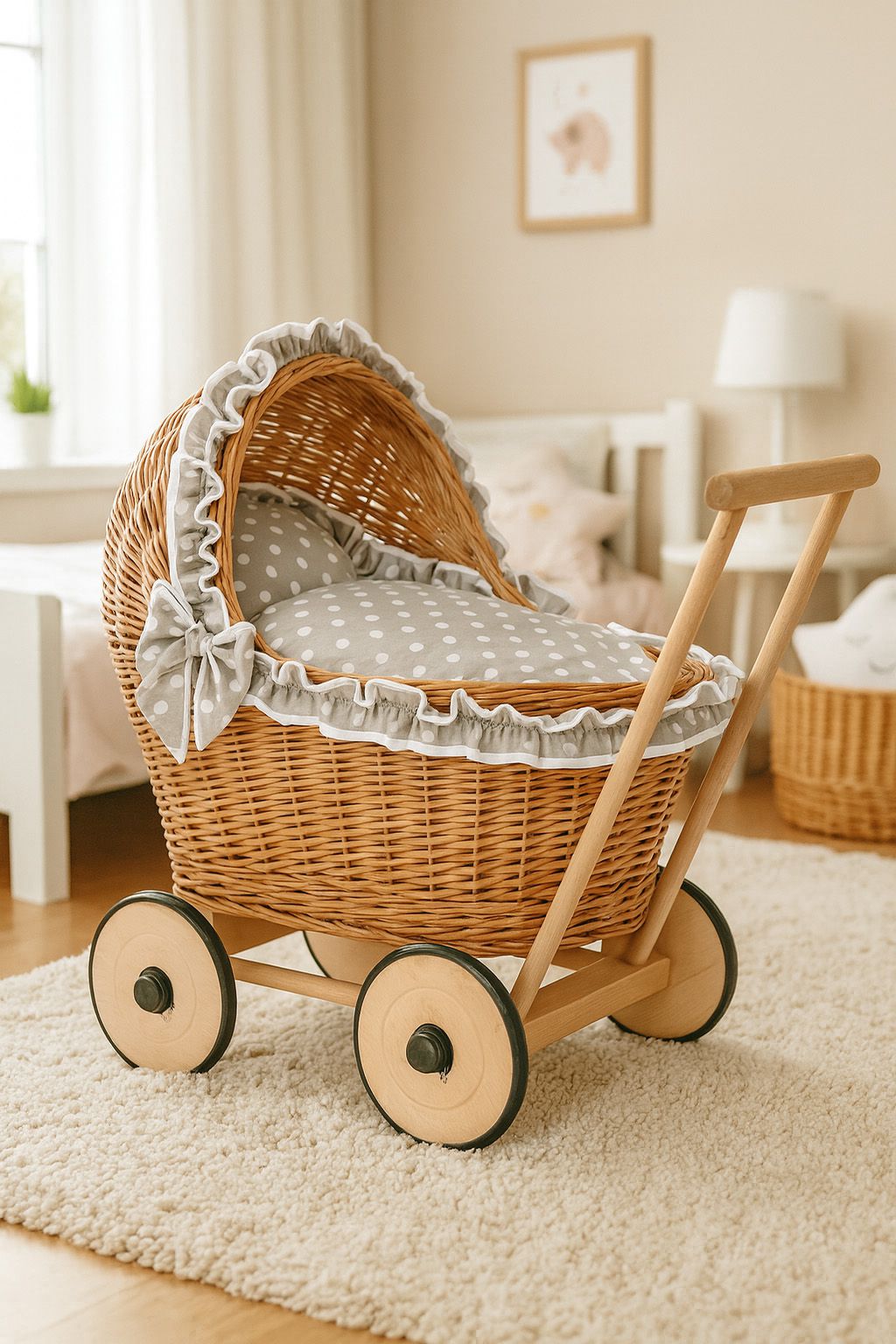 Wicker doll pushchair with grey bedding and soft padding CHIARA - natural — modelis 1702-583