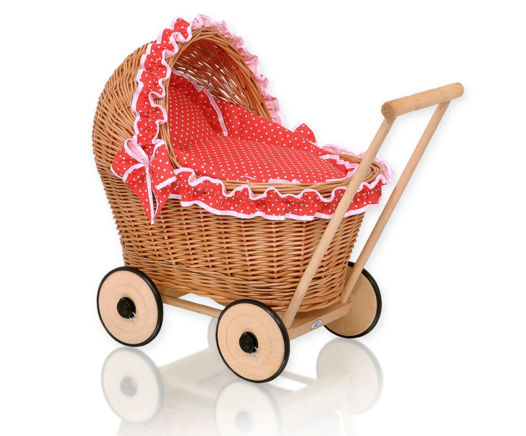 Wicker doll pushchair with red bedding and soft padding CHIARA - natural