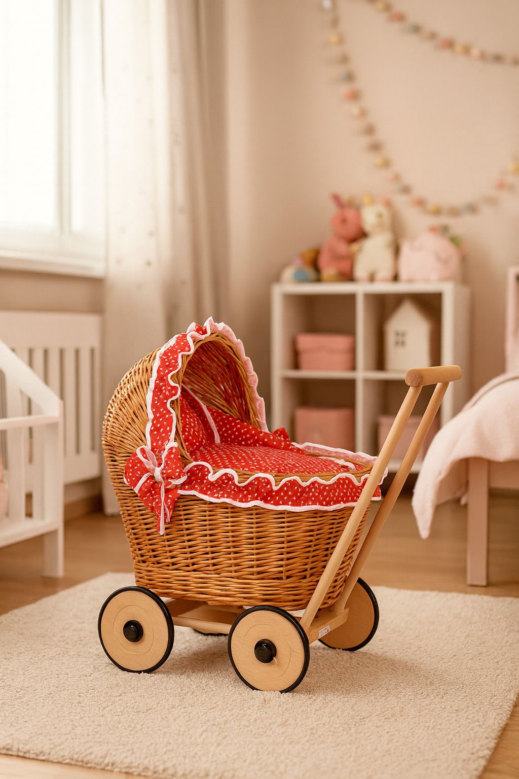 Wicker doll pushchair with red bedding and soft padding CHIARA - natural