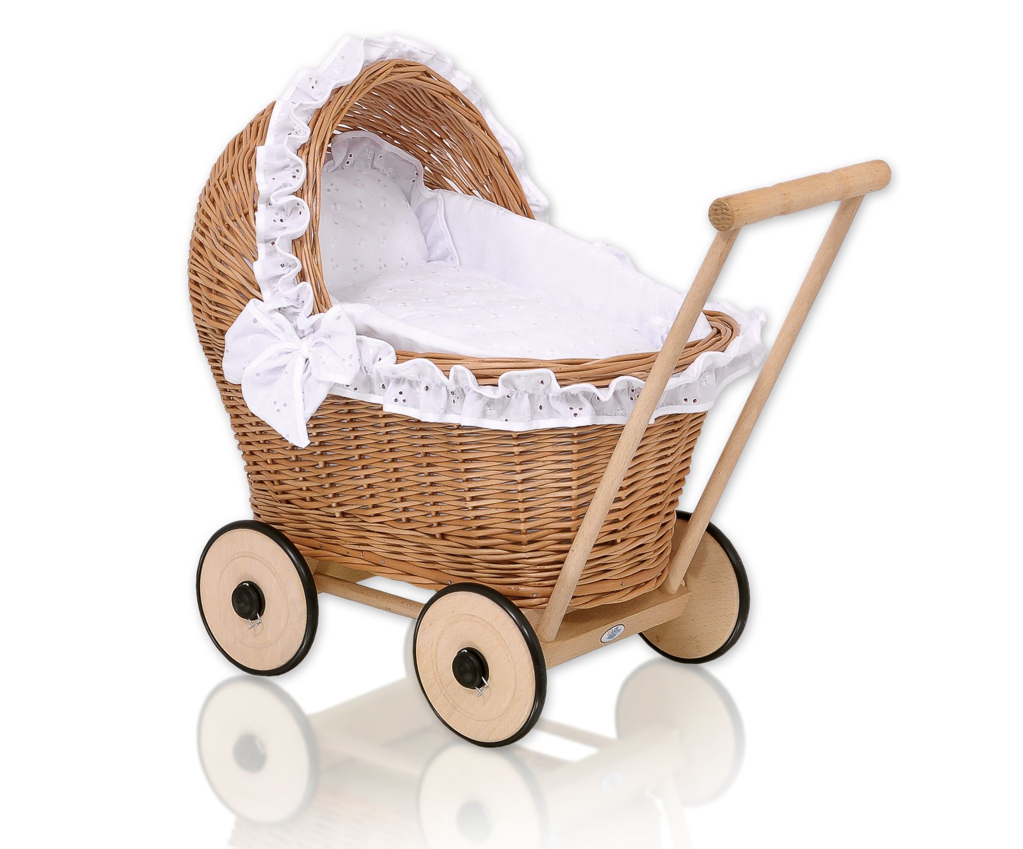 Wicker doll pushchair with white bedding and soft padding AURORA - natural