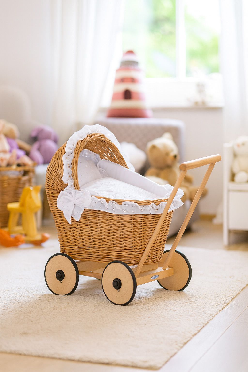 Wicker doll pushchair with white bedding and soft padding AURORA - natural