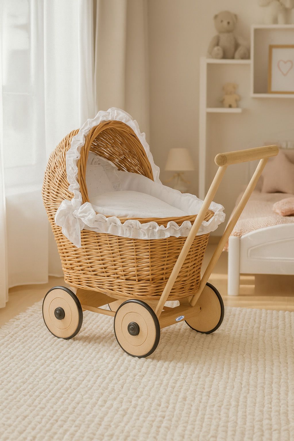 Wicker doll pushchair with white bedding and soft padding AURORA - natural