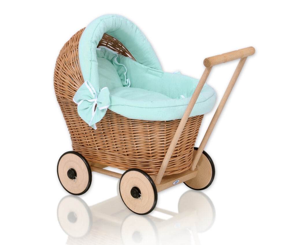 Wicker doll pushchair with mint bedding and soft padding STELLA - natural — modelis 1703-1031