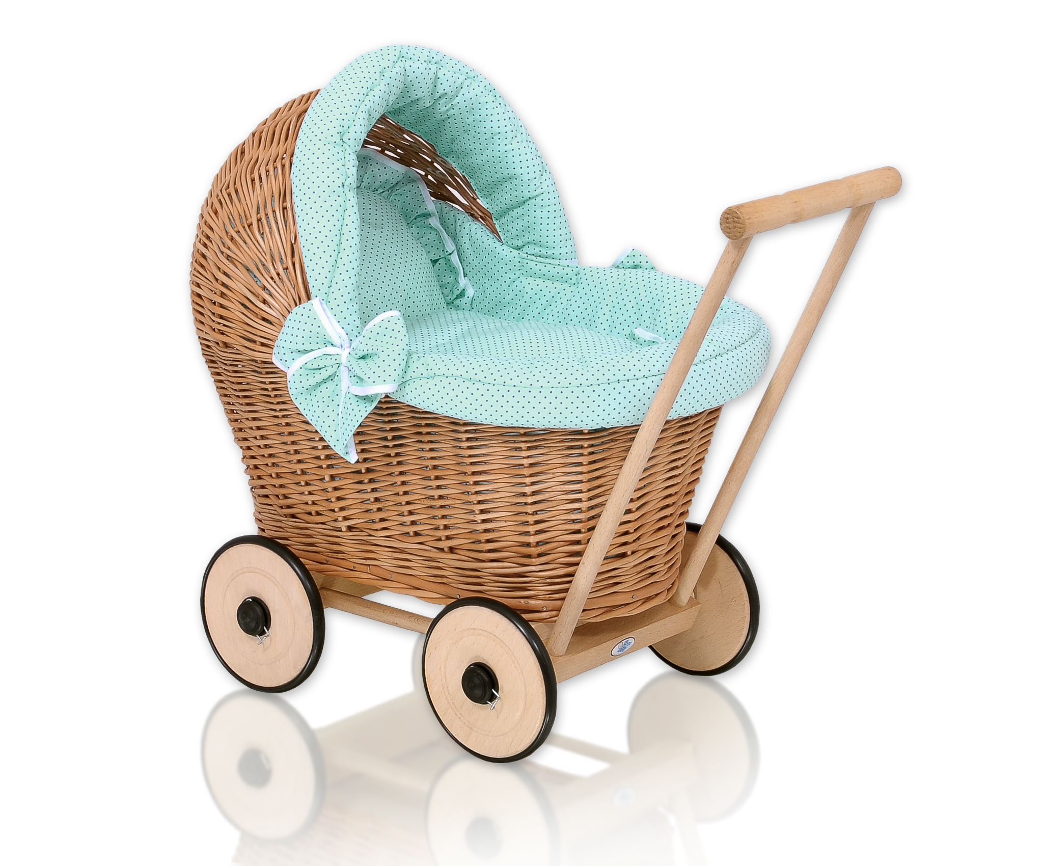 Wicker doll pushchair with mint bedding and soft padding STELLA - natural — modelis 1703-1034