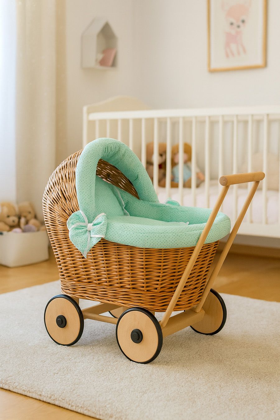 Wicker doll pushchair with mint bedding and soft padding STELLA - natural — modelis 1703-1034