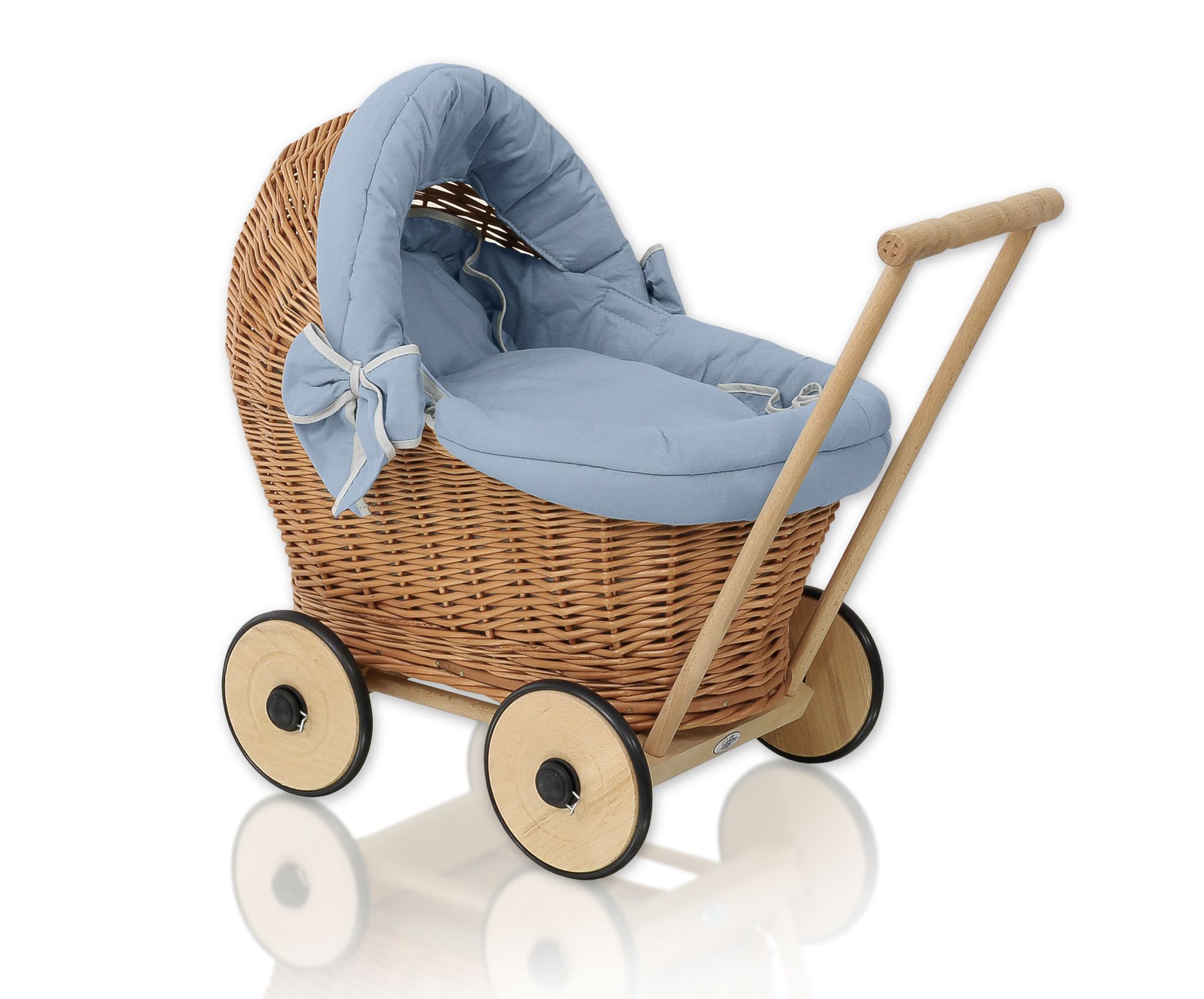 Wicker doll pushchair with bedding dusty blue and soft padding STELLA - natural