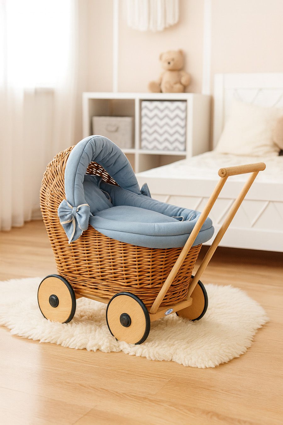 Wicker doll pushchair with bedding dusty blue and soft padding STELLA - natural