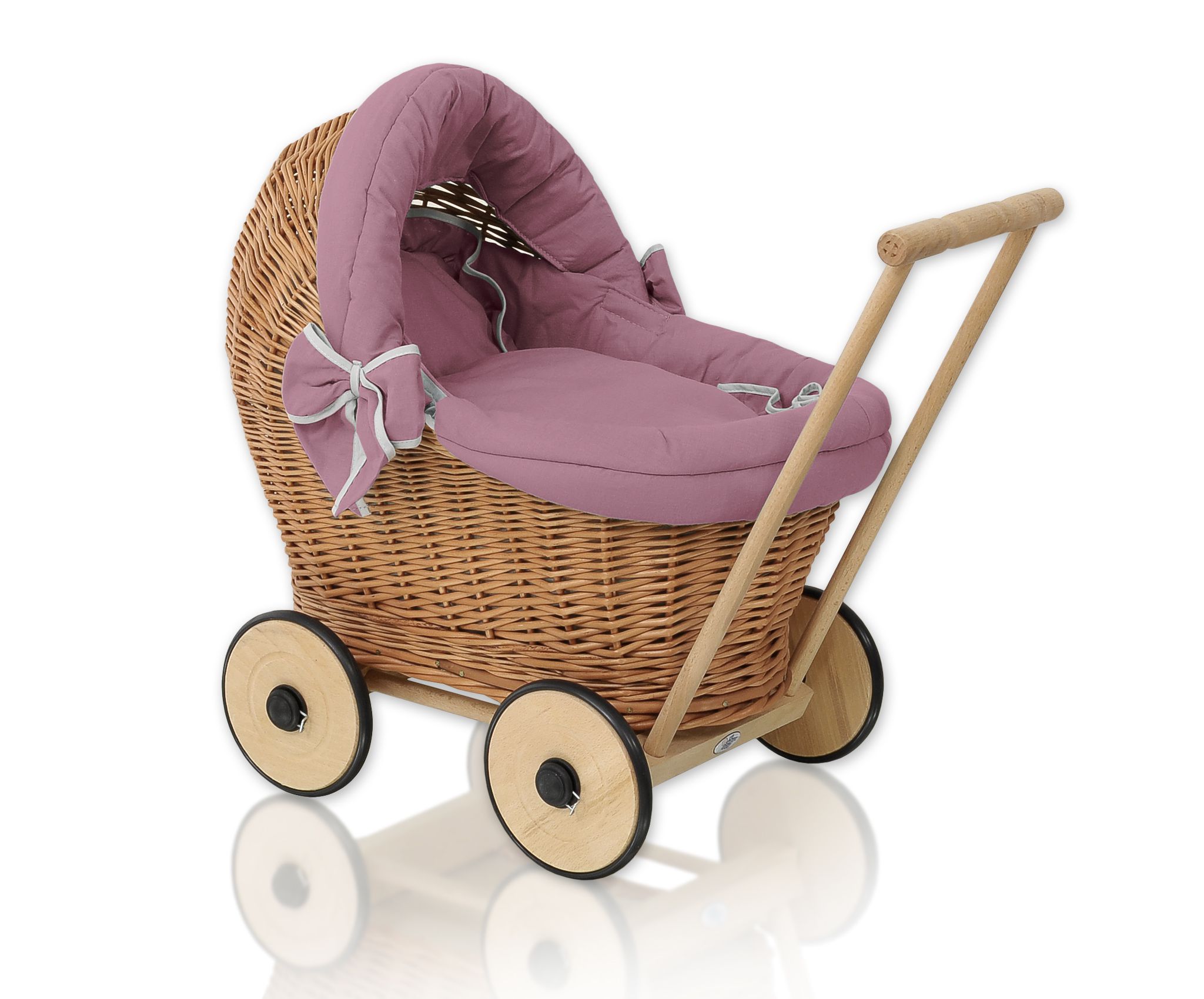Wicker doll pushchair with bedding dusty rose and soft padding STELLA - natural