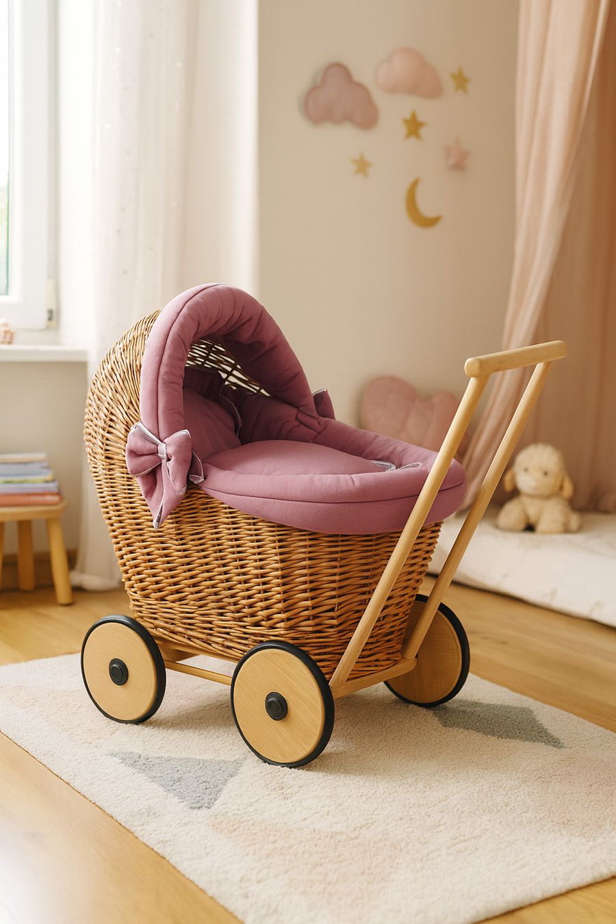 Wicker doll pushchair with bedding dusty rose and soft padding STELLA - natural