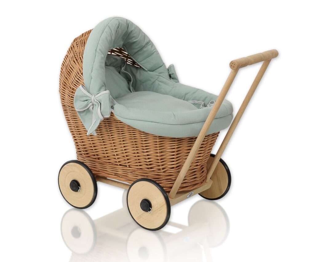 Wicker doll pushchair with sage bedding and soft padding STELLA - natural