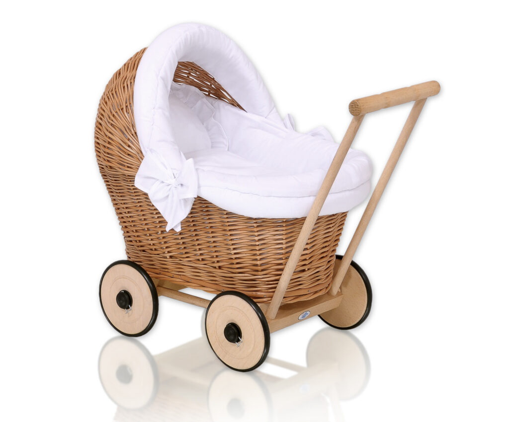Wicker doll pushchair with white bedding and soft padding STELLA - natural