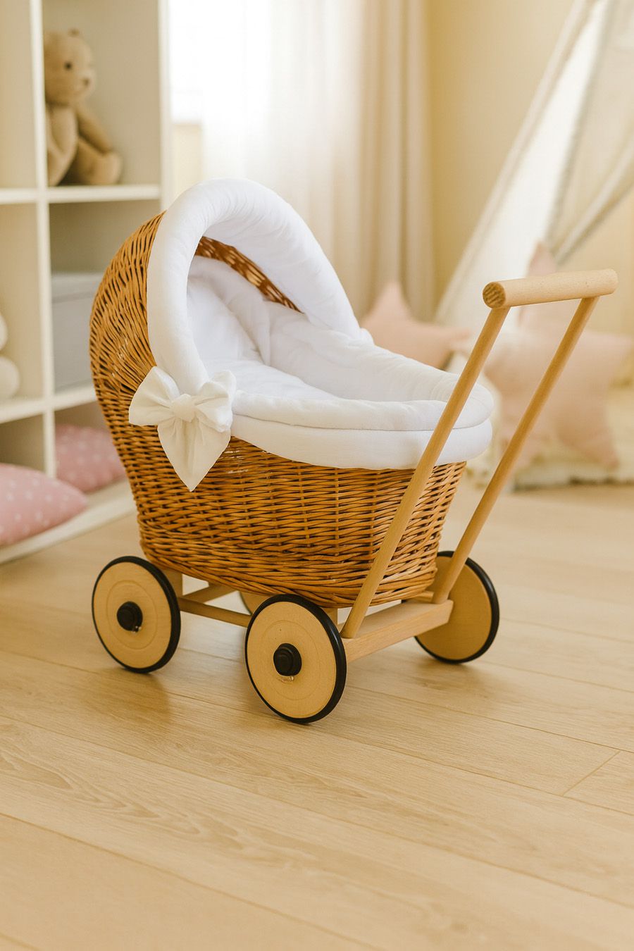 Wicker doll pushchair with white bedding and soft padding STELLA - natural