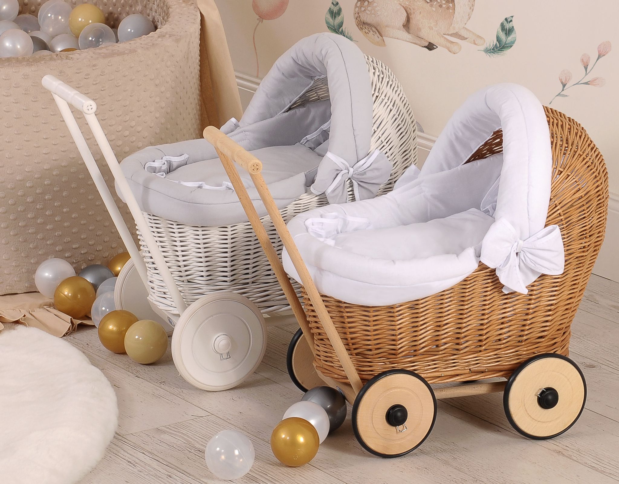 Wicker doll pushchair with white bedding and soft padding STELLA - natural