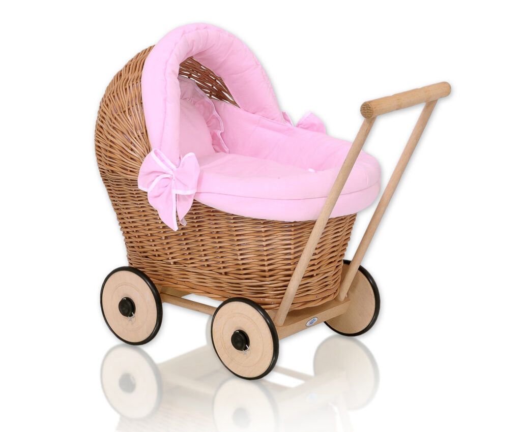 Wicker doll pushchair with pink bedding and soft padding STELLA - natural — modelis 1703-517