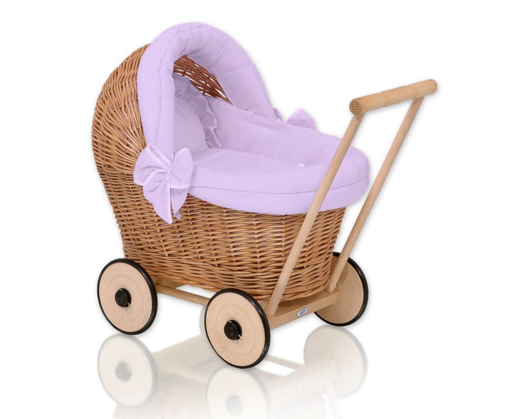 Wicker doll pushchair with lila bedding and soft padding STELLA - natural