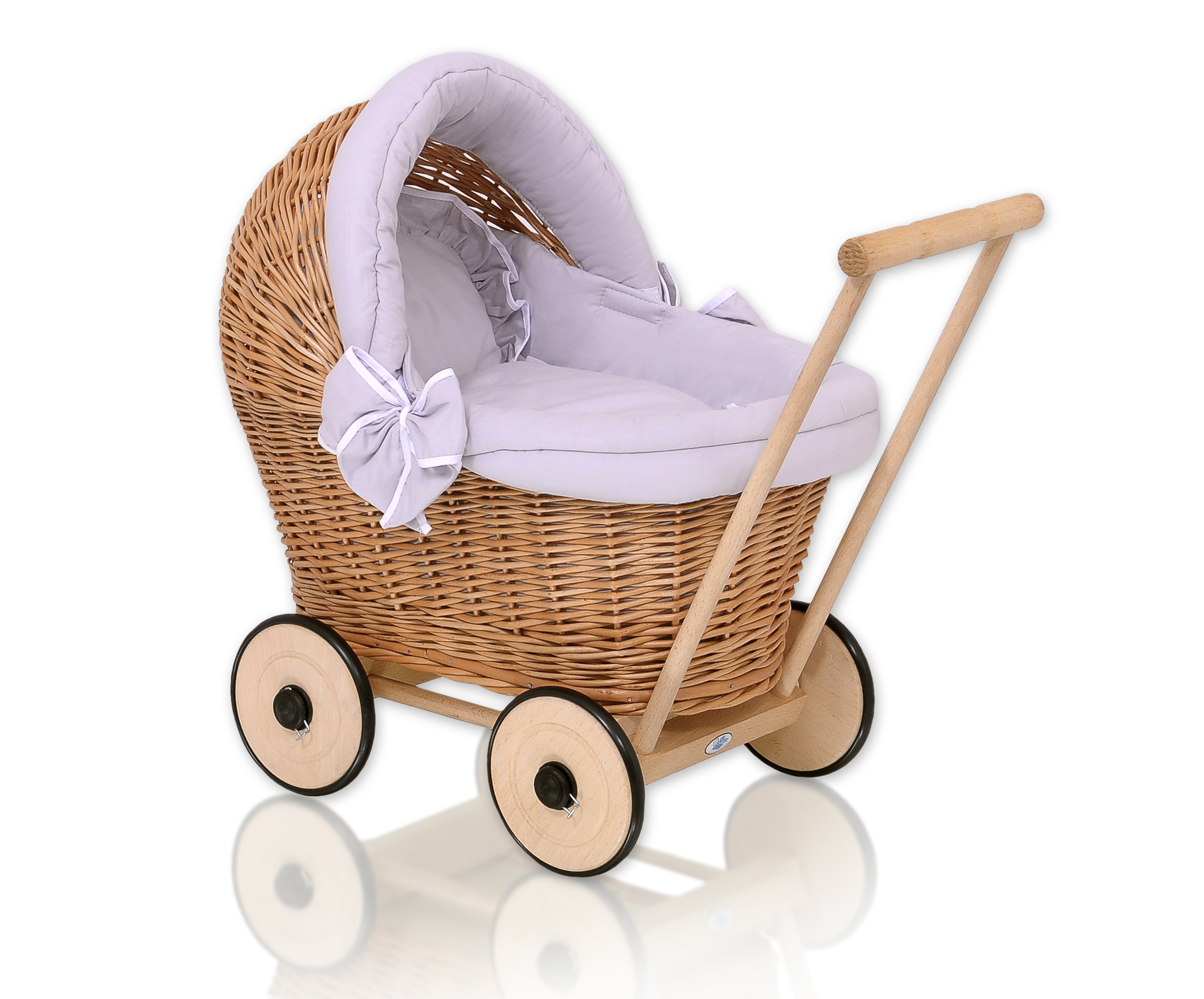 Wicker doll pushchair with grey bedding and soft padding STELLA - natural — modelis 1703-523