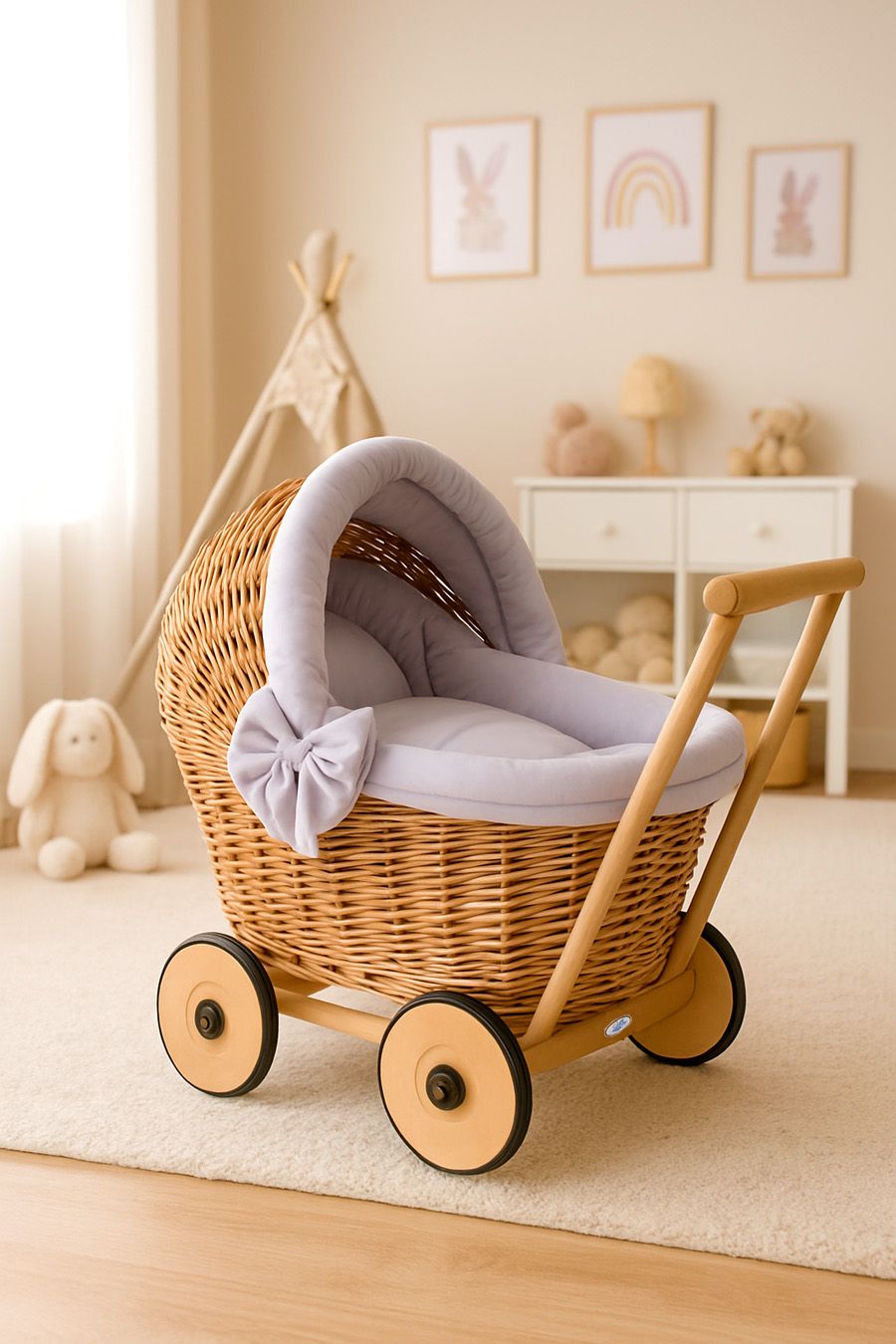 Wicker doll pushchair with grey bedding and soft padding STELLA - natural — modelis 1703-523