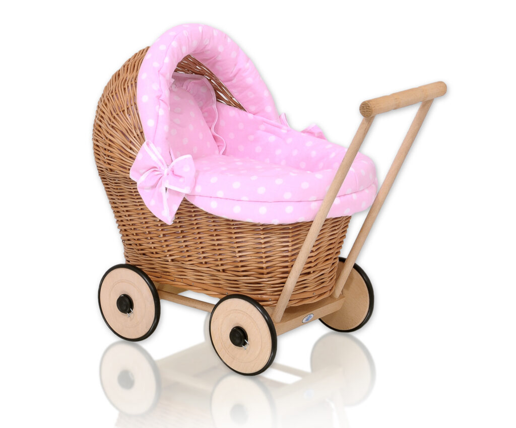 Wicker doll pushchair with pink bedding and soft padding STELLA - natural — modelis 1703-553