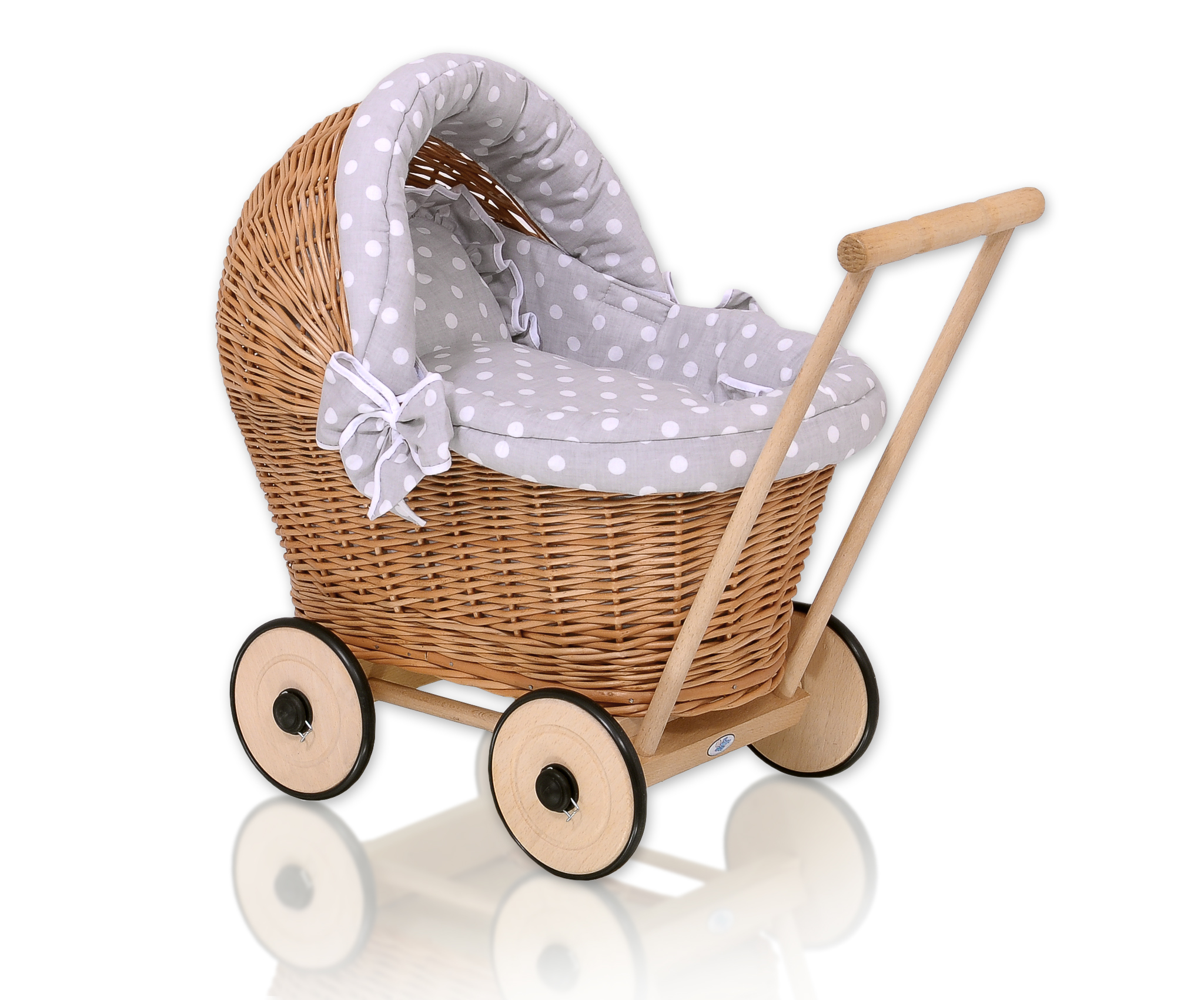 Wicker doll pushchair with grey bedding and soft padding STELLA - natural — modelis 1703-583