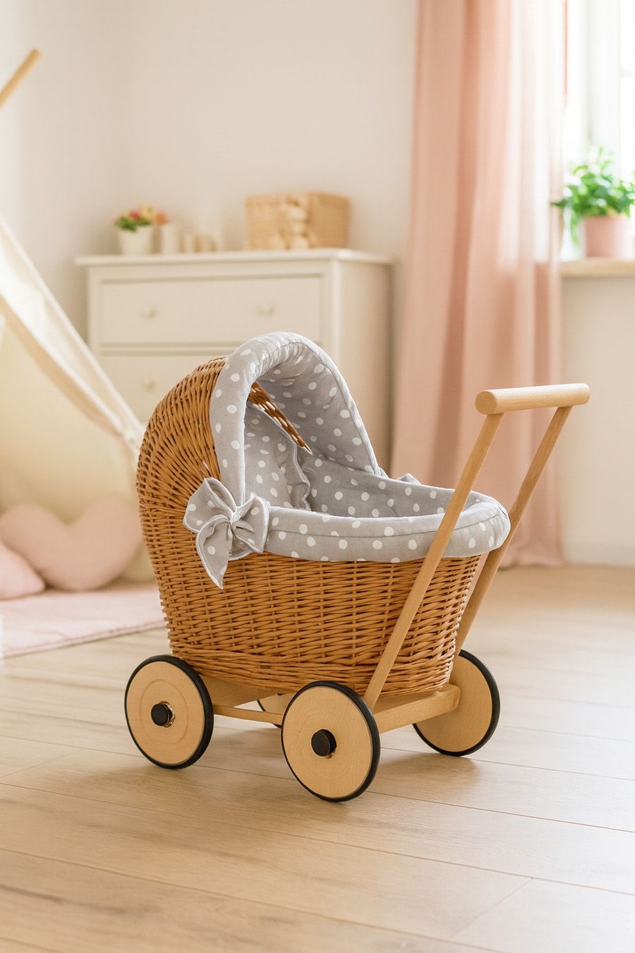 Wicker doll pushchair with grey bedding and soft padding STELLA - natural — modelis 1703-583