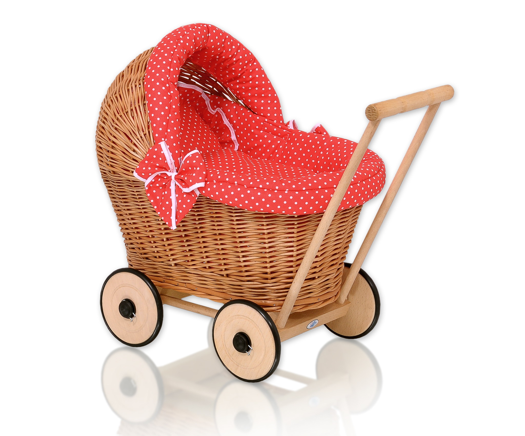 Wicker doll pushchair with red bedding and soft padding STELLA - natural